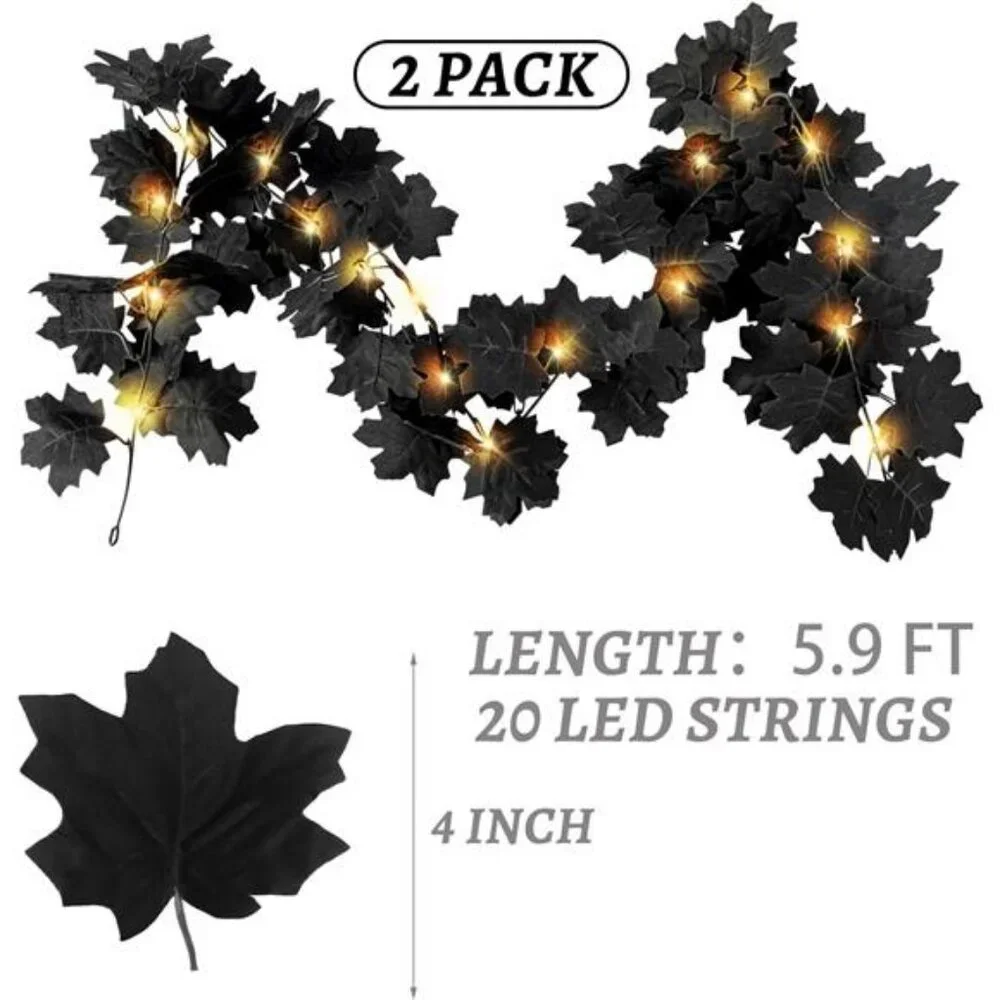 Black Leaf Garland with Yellow Lights, 2 Pack Halloween Artificial Hanging Fall